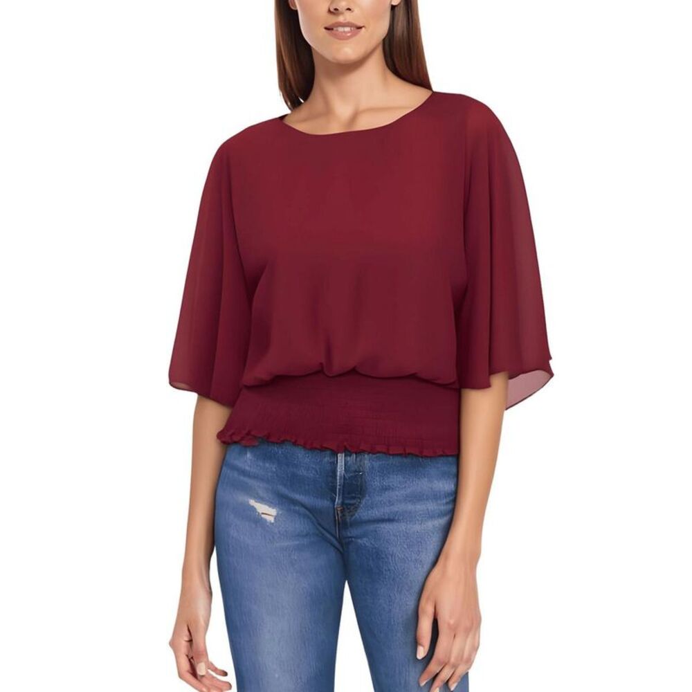 Sam and Jess Womens Red Smocked Sheer Flutter Blouse NWOT